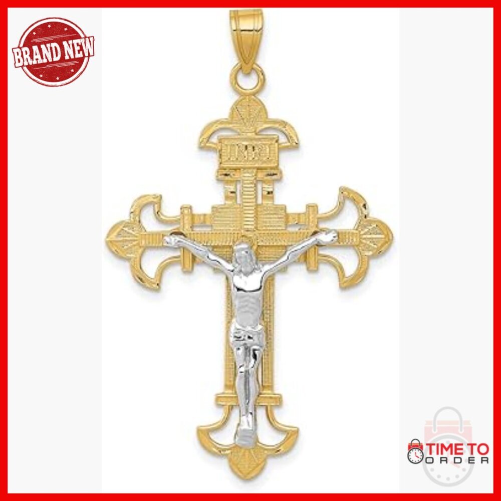 14k Gold Crucifix Pendant Necklace INRI Jesus Cross Charm Handcrafted